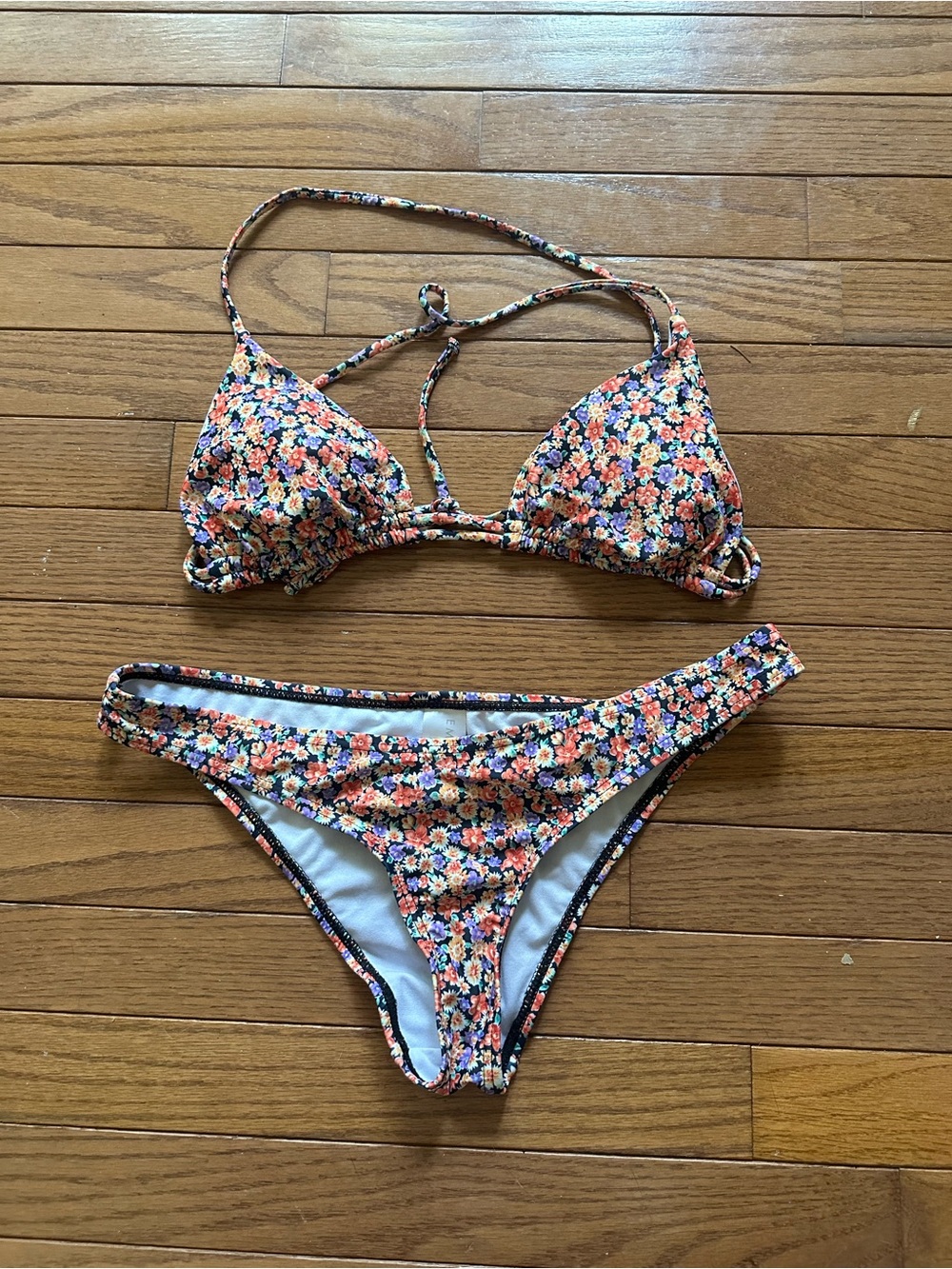 Floral Triangle Bikini Set - Navy with Orange & Pink Floral